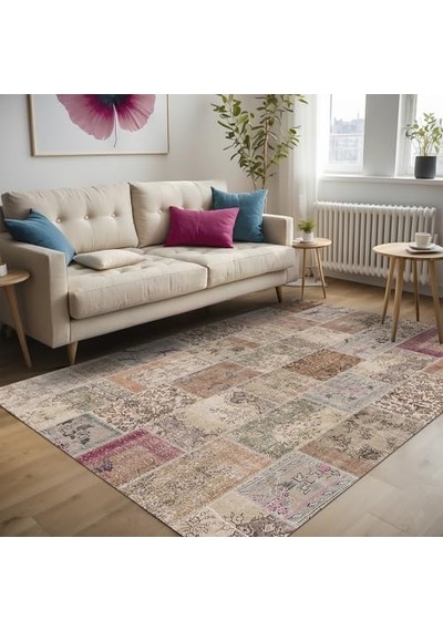 Senda Patchwork Desenli Şönil Pamuk Tabanlı Yıkanabilir Kaymaz Antibakteriyel Salon Halısı 80x200 Genel