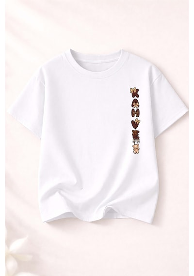 Herkesemoda Love Teddy Baskı Detaylı Kadın Bisiklet Yaka Pamuklu T-shirt Beyaz