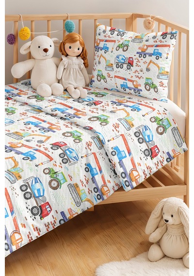 Evimde Bambaşka İş Makinesi Mavi Erkek Çocuk Pike Takımı - Renkli Araç Temalı Bebek Odası Yatak Örtüsü - 160x220  CM