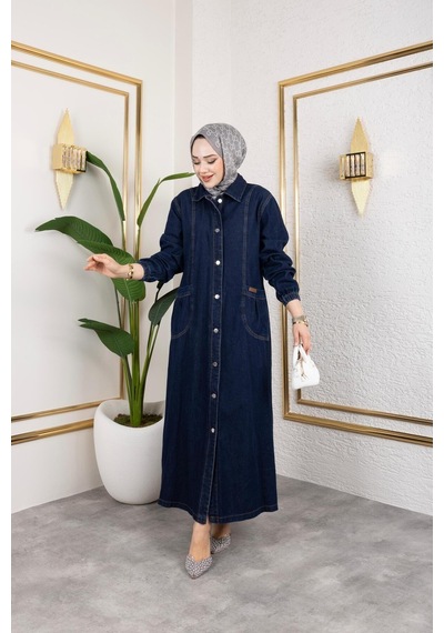 Harman Butik Kadın Düğmeli Cepli Kar Yıkamalı Denim Kot Kap Lacivert Lacivert