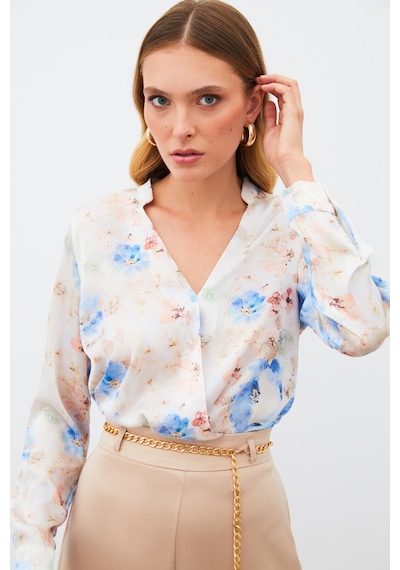 Sateen Desenli Kruvaze Bluz - Mavi-135215 Mavi