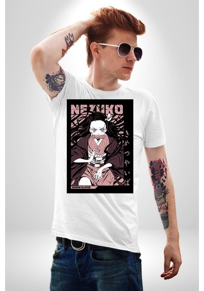 Nezuko Demon Slayer Unisex Unisex Beyaz Organik Baskılı T-shirt Penye Yüksek Kalite Beyaz