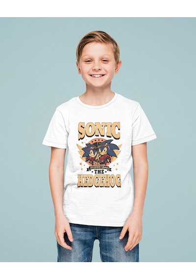 Sevbano Tasarım Sonic The Hedgehog Baskılı Unisex Çizgi Film Çocuk Tişört Beyaz