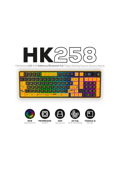 Hawk Gaming Hk258 Lcd Rgb Kablosuz/bluetooth Sarı Siyah Gaming Klavye