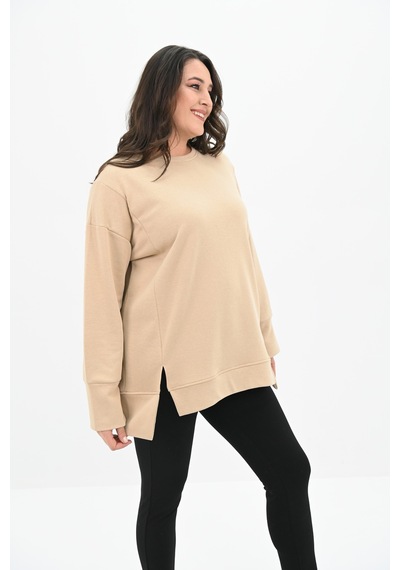 Kadın Büyük Beden Oversize Yırtmaç Detaylı Sweatshirt 1865-25 Bej