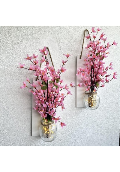 Led Işıklı, Pembe Sakura Çiçekli Duvar Dekoru Beyaz İkili Set
