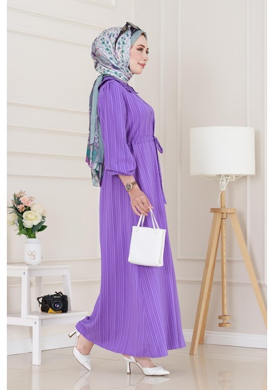 Sevitli Yakası Güpür Nova Elbise-lila-5031 Lila