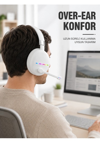 Beyaz Bluetooth 5.0 Mikrofonlu Kablosuz Kulak Üstü Kulaklık Rgb Işıklı Type-c Şarjlı Çok Renkli 48291282