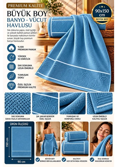Jakarlı Büyük Boy Banyo Havlusu Premium Sıkı Dokuma %100 Organik Pamuk 90x150 Cm Mavi - 945284492 Mavi