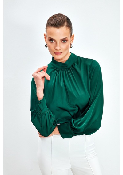 Sateen Yaka Detaylı Saten Bluz - Zümrüt