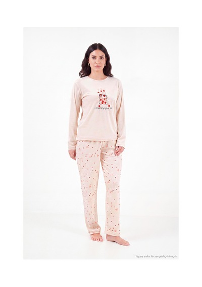 Lela Desenli Yumuşak Dokulu Uzun Kollu Pijama Takımı Kadın Pijama Takımı 65750155 Somon