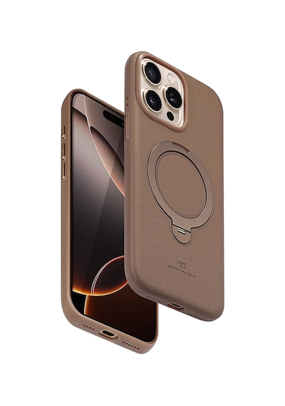 Apple Uyumlu iPhone 15 Pro Max Vapor Deri Magsafe Standlı Kılıf - Gold