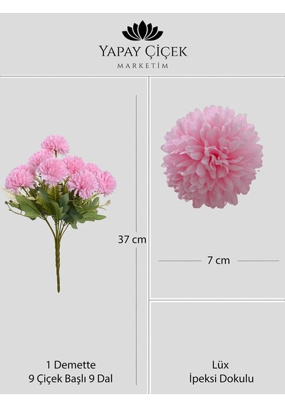 Pembe Yapay Krizantem Çiçeği Demeti 9 Dallı Lüx İpeksi Dokulu 37 Cm