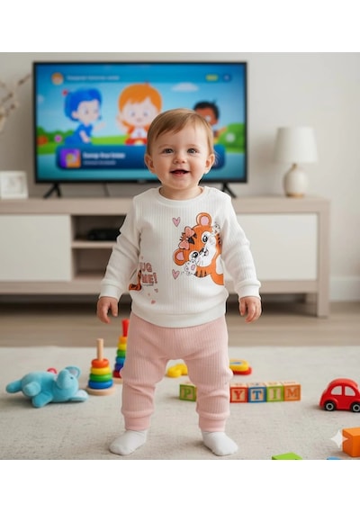 Poppy Trend Kız Bebek Kedi Baskılı Çıt Çıtlı Alt Üst İkili Gündelik Takım Pudra