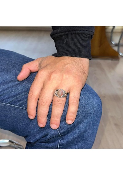 El Yapımı 925 Ayar Gümüş Erkek Yüzük İle Doğal Etiyopya Opal Taşı - Labirent Tasarımı Stil-1 Gümüş