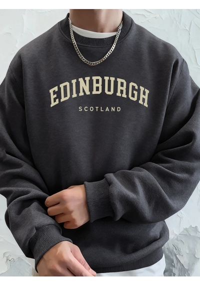 Startmore Tarzsokak Edinburgh Scotlano Mektup Baskıları Gevşek Polar Kapüşonlular Erkek Cep Bisiklet Yaka Eşofman Antrasit