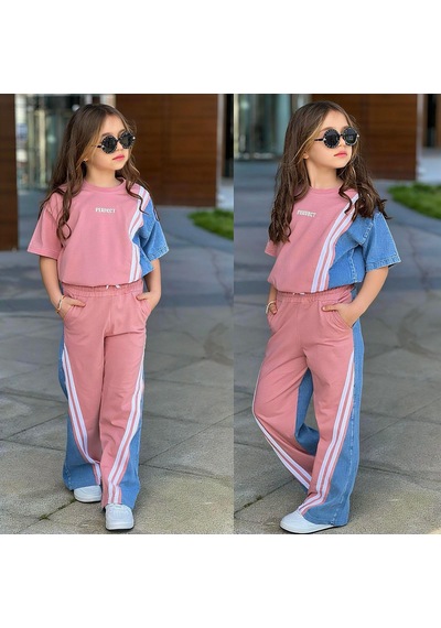 Kız Çocuk Çizgi Detaylı Denim Garnili Eşofman Takımı Rahat & Trend Stil 6492 Pembe