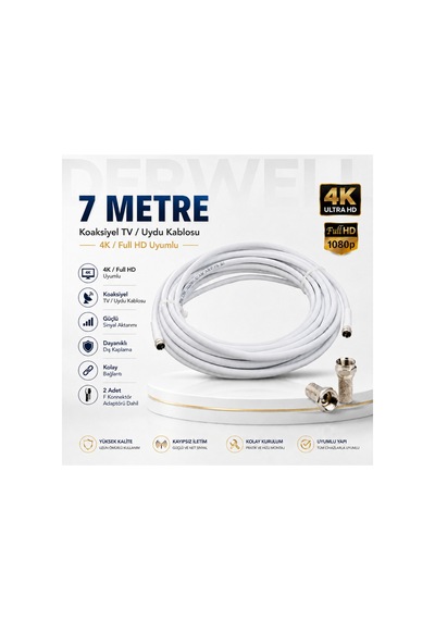 7 Metre 4k Full Hd Koaksiyel Tv Uydu Anten Kablosu Seti - Güçlü Sinyal Aktarımlı Dayanıklı Televizyon Kablosu - Lnb Alıcı Uyumlu Yüksek Kalite Beyaz
