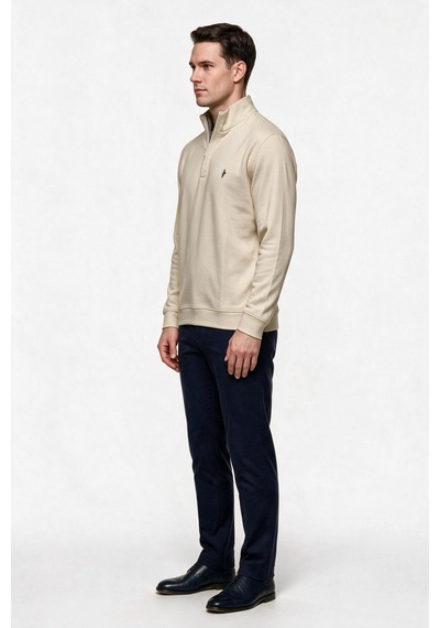Legato Erkek Dik Yaka Yarım Fermuarlı Pamuk Karışımlı Uzun Kollu Sweatshirt Bej