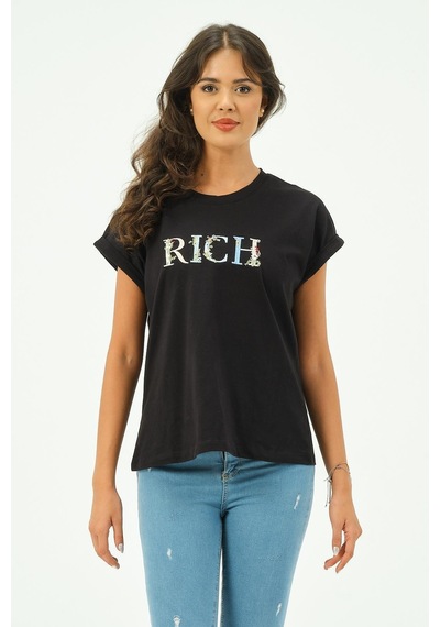 Siyah Kadın Rich Nakışlı Tişört Tshirt Çok Renkli