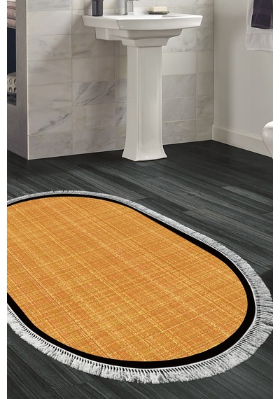Kaymaz Taban Djt Banyo Mutfak Salon Halı Trend Saçaklı Oval Dokuma Desen E5007 Turuncu Kahve