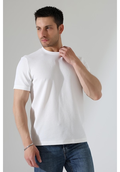 Erkek Fitilli Slim Fit Bisiklet Yaka Düz Renk T-shirt Beyaz