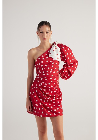 Holly Lolly Puantiyeli Çıkarılabilir Kurdele Aksesuarlı Tek Kollu Mini Polka Elbise Kırmızı