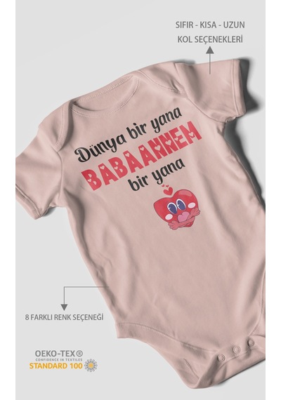Dünya Bir Yana Babannem Bir Yana Baskılı Bebek Zıbını Çıtçıtlı Body %100 Pamuk Kısa Kol Pastel Pembe