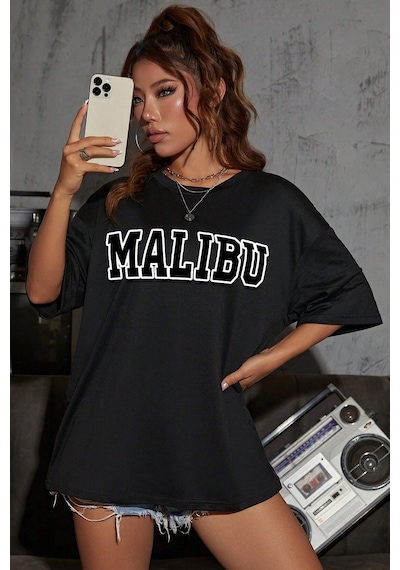 Unisex Malibu Baskılı Tasarım Tshirt Siyah