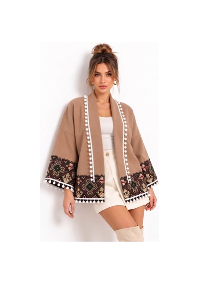 Saade Camel Etnik Desenli Ponpon Detaylı Kaşe Ceket