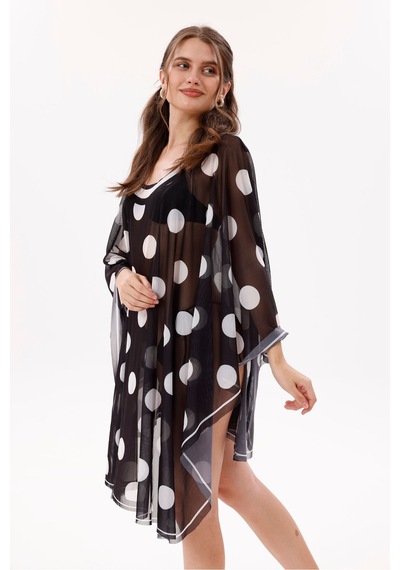 Tarzını Seç Kısa Kimono Pareo - Tesettür Pareo - Puantiyeli Siyah 180x135 Cm Çok Renkli