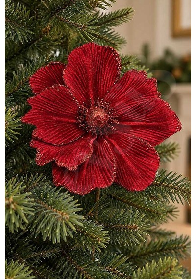 Yılbaşı Kırmızı Kadife Simli Ata Çiçek 23 Cm