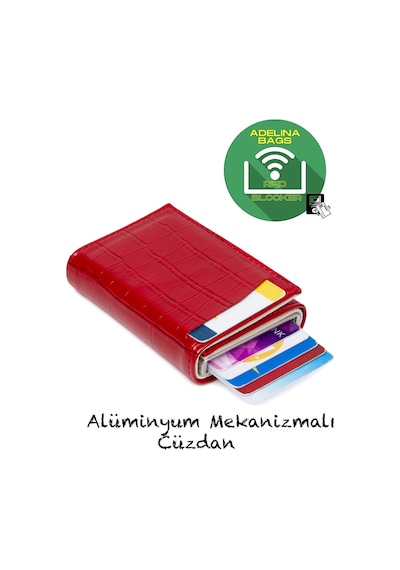 Adelina Bags Adelina Kırmızı Timsah Desenli Mekanizmalı Otomatik Kızaklı Kartl Pudra