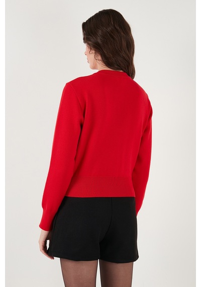 Lela Premium Regular Fit Yuvarlak Yaka Crop Triko Bayan Hırka 680Hi00110 Kırmızı