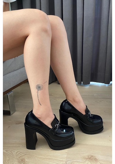 Preshley Kadın Clara Sihay Rugan İnce Tokalı Lofer Model 12 Cm Platform Topuklu Ayakkabı-siyah Rugan Siyah