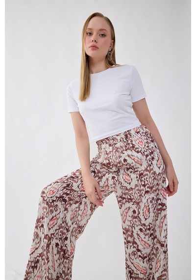 Vitrin Etnik Desen Beli Lastikli Geniş Paça Pantolon Kahve