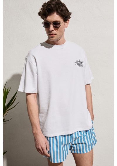 Grimelange Calıdo Erkek Organik Pamuklu Baskı Ve Nakışlı Bisiklet Yaka Oversıze Beyaz T-shirt Beyaz