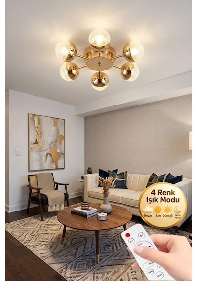 Vera Model Gold 6"lı Kumandalı Ledli 3 Renk Modu Kristal Salon Mutfak Yatak Çocuk Odası Avize Altın