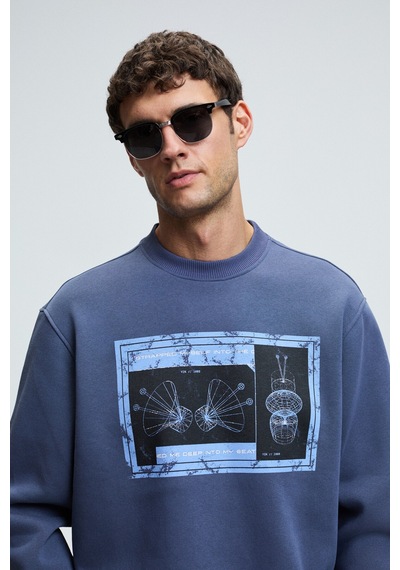 Grimelange LUCIAN Erkek Göğsü Baskılı Yuvarlak Yaka Regular Fit İndigo Sweatshirt