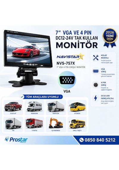 7 İnç Vga Ve 4 Pin Girişli Araç Monitörü Mobil Dvr Uyumlu 12-24v