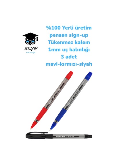 %100 Yerli Üretim Pensan Sign-up Tükenmez Kalem 1mm Uç Kalınlığı 3 Adet Mavi-kırmızı-siyah Çok Renkli