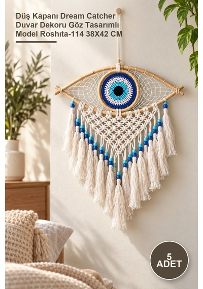 5 Adet Rüya Kapanı Düş Kapanı Dream Catcher Duvar Dekoru Göz Tasarımlı Model Roshıta-114 38x42 Cm