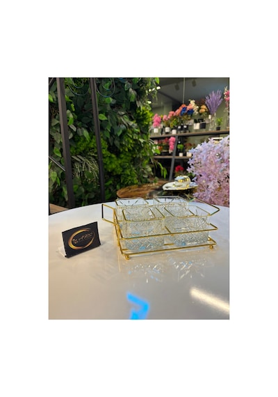 Ars Paşabahçe Timeless Yaldızlı Kare Kase, Metal Gold Standlı 4'lü Çerezlik, Sunumluk, Kahvaltılık