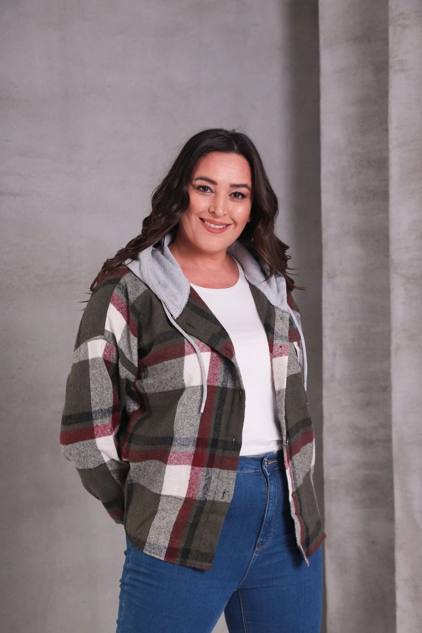 Mamayaga Kadın Curve Desenli Renkli Oduncu Oversize Büyük Beden Ceket Gömlek Haki