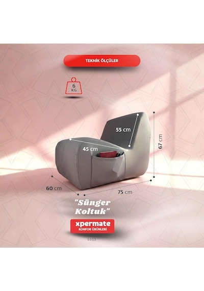 Xpermate Sünger Koltuk Tekli Yer Koltuğu İskeletsiz Taşınabilir Armut Koltuk Salon Çocuk Odası Balkon Gri Genel