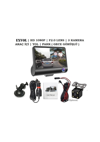 Exvol Araç İçi 3 Kameralı Kayıt Kamera 1080phd Araç İçi+yol+park