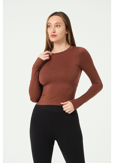 Yuvarlak Yaka Uzun Kollu Seamless Crop-1 Altın - Beyaz