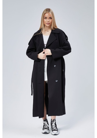 Siyah Oversize Astarlı Uzun Trençkot Siyah