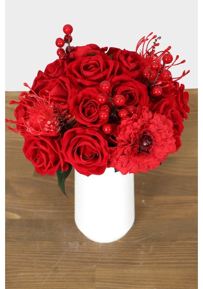 Yapay Çiçek Deposu Beyaz Lüks Vazoda Kadife Gül Gerbera Tanzimi 30 Cm