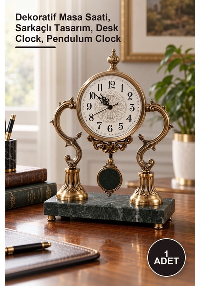 1 Adet Mermer Sarkaçlı Masaüstü Saat Dekoratif Masa Saati, Sarkaçlı Tasarım, Desk Clock, Pendulum Clock